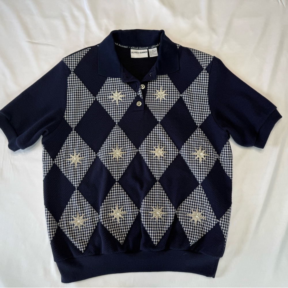 Alfred Dunner Navy and White Argyle Polo